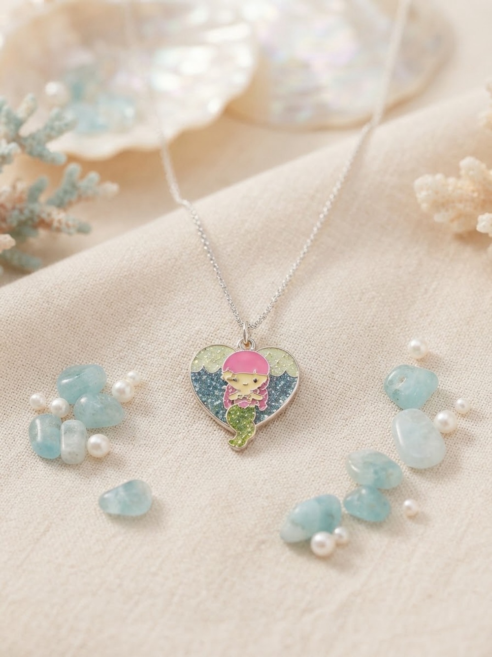 • Kids Enamel Mermaid Heart Pendant Necklace - Pink and Glitter Blue